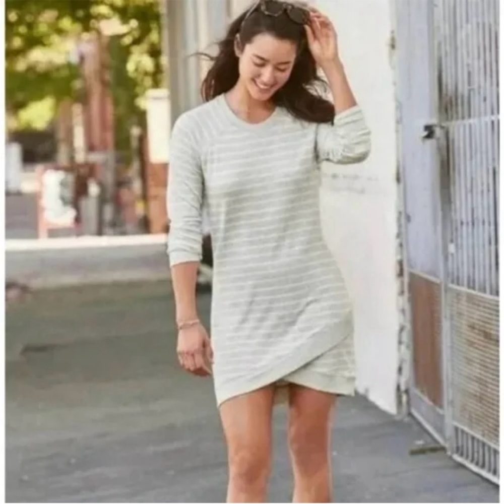 Athleta Womens Criss Cross‎ Stripe Sweatshirt Dress Sz S Gray Long Sleeve